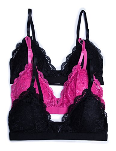 Caramel Cantina Triangle Lace Removable Cup Bralette 3 Pack (Large, 2Blk/1Pink)