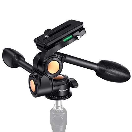 3-Way Tripod Head, Powerextra Three-Dimensional Aluminum Alloy Fluid Head with Quick Release Plate, 360 Degrees Free Rotation for Tripod, Monopod, Camera Slider and All DSLR Cameras