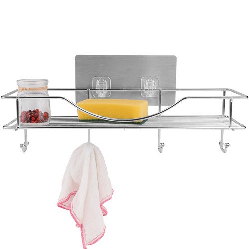 Bathroom Towel Shelf / Kitchen Holder, AISHN 304 Stainless Steel Vacuum Super Silicone Storage Rack, Space-Saving Rack Includes 4 Hooks - Thumbnail 3