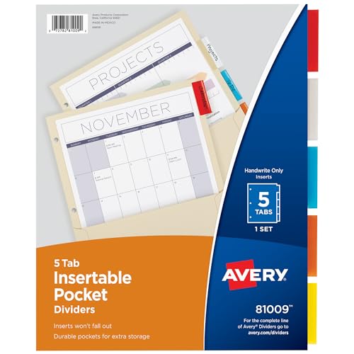 DivisĂłrias Avery inserĂveis com bolsos, papel de manila, 5 abas multicoloridas, 1 conjunto (81009)