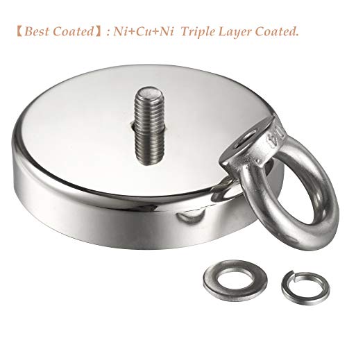 Wukong 837LBS(380KG) Pulling Force Super Powerful N52 Round Neodymium Magnet with Countersunk Hole and Eyebolt Diameter 3.54''(90mm) X Thick 0.70"(18mm) for Fishing Magnet
