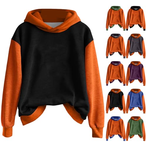 JOASDAO Halloween Hooded Sweatshirts Women, Orange Hoodie Women Halloween Costume Novelty Color Block Patchwork Long Sleeved Cute Pullover Holiday Party Tops School Jumpers