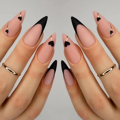 Black French Tip Press on Nails Medium Almond Fake Nails with Black Heart Design Gold Line Stick on Nails Glossy Acrylic Full Cover Glue on Nails Stiletto False Nail For Women Mother's Day Manicure
