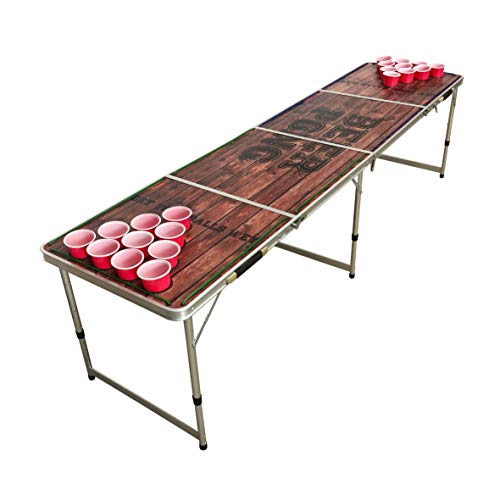 LED Lights Beer Pong Table with Holes for Cups 8' Aluminum Portable Adjustable Folding Indoor Outdoor Tailgate Drinking Party Game Squad Wood Print 08