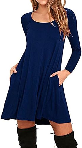 JINGJQINGCAO Chic Womens Cotton Loose Casual Pockets Pleated Swing Long Sleeve T-shirt Dress Navy BlueXX-Large