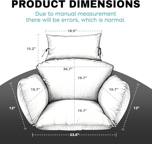 joomie Waterproof Egg Chair Cushion Replacement 119x79x13 cm Thicken Hanging Egg Swing Chair Cushion Indoor Outdoor Wicker Rattan Hammock Basket Cushion with Headrest Pillow, Grey 26
