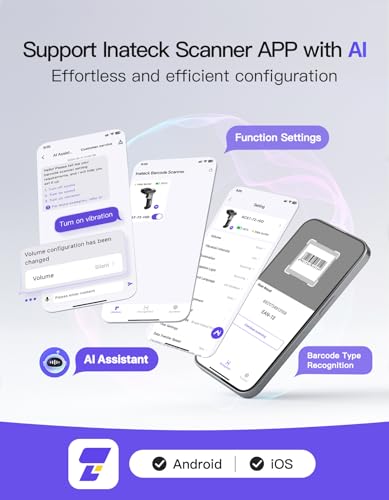 Inateck BCST-72 1D 2D QR Barcode Reader, Wireless Barcode Scanner Gun with 2600mAh Battery and Anti-Shock Protection, 1.8 m Barcode Reader for PC Computer Android iOS, with APP and SDK