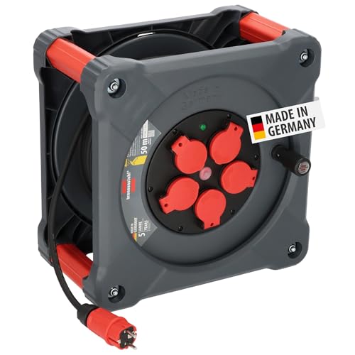 Brennenstuhl Professional Construction site Cable Reel KA 5100 5 IP44 (50 m H07RN-F 3G1.5 Cable in Black, 5 Safety sockets, Construction site use and Permanent Outdoor use, Made in Germany)