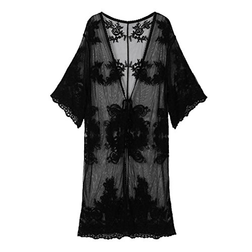 MOSE Solid Lace Beach Cardigan for women, Women Lace Bohemian Beach Long Oversized Kimono Coat (Black, S)