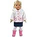 15 Inch Baby Doll Outfit, Pink Heart Print Tights, Denim Skirt and Casual Hooded Coat Fits 15 Inch and 18 Inch American Girl Dolls, 3 Piece Set of Doll Tights, Coat & Denim Skirt