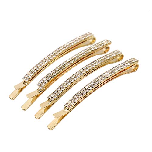 JETEHO 4 Pack Double Row Clear Sparkling Crystal Rhinestone Hair Barrettes Bobby Pins Clips Fashion Hair Clip Hair Accessories for Women (Gold)