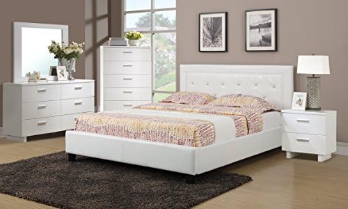 White Faux Leather Solid Pine 4pc Bedroom Furniture Set Full Size Tufted Bed Matching Dresser Mirror Nightstand
