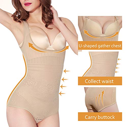 Donnalla Womens Waist Cincher Full Body Shaper Trainer Open Bust Girdle Faja Bodysuit Tummy Control Panty Shapewear(L,Khaki)