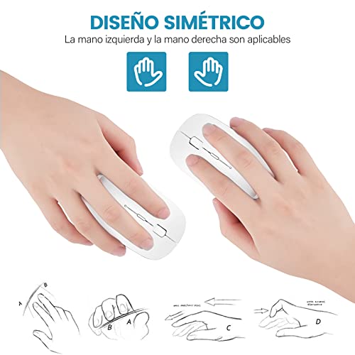 YOMYM Mouse Ratón óptico Inalámbrico Recargable 2.4 G, Silencioso Click con Receptor USB y Tipo-c Adaptador 3 Ajustable DPI Ratón Para Computadora, Ideal para Ordenadores portátiles, PCs, Blanco