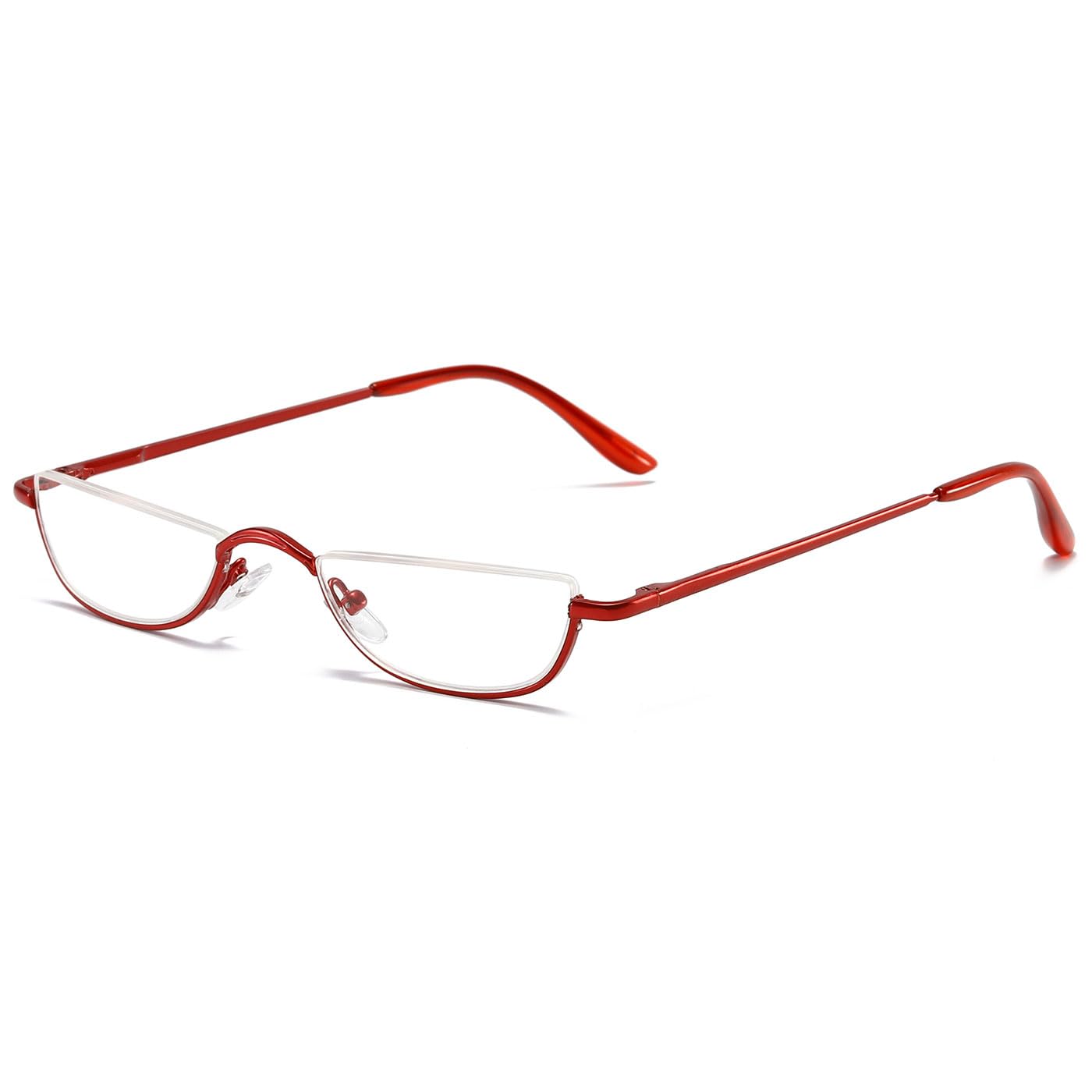 ABETOS Half Moon Reading Glasses Half Frame Semi Rimless Metal Strong Eyewear Spring Hinge Clear Lens Lightweight Fashion Computer Readers for Men Women, Red 2.75
