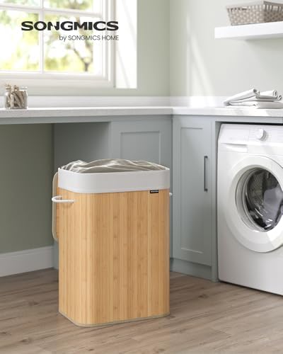 Cesto de la Ropa Sucia con Tapa, 72 L, Cesta de Lavandería de Bambú, Plegable, con Bolsa Lavable Extraíble, Asas, para Lavandería, Dormitorio, Natural LCB10Y