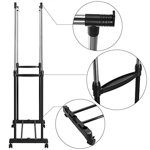 Homevol Clothes Drying Rack Double Pole Rail Rod Adjustable Clothes Rack Hanger, with 4 360 degree wheels(2 with lock)