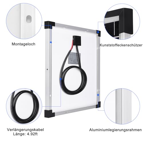 【50W Solar Panel 12V Kit】DERUXI 50Watt Monocrystalline Solar Panels Set: 50W 12V Solar Panel + 10A PWM Charge Regulator, 4 Pcs Solar Cable, Solar Panel Camping Car Roofs Boat