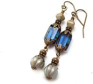 Handmade Midnight Sapphire Navy Blue Long Dangle Earrings - Victorian Style - Metallic Glass Beads - Antiqued Bronze
