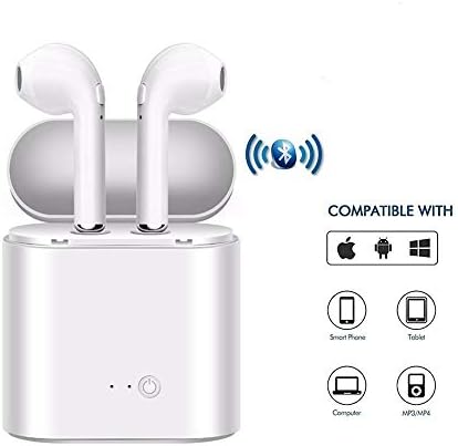 Renyke i7s Mini Wireless Earbuds – Bluetooth V4.2 – Full Stereo Headset – with Charging Dock – Dual Ear, Compatible with All Mobile Phones (White)