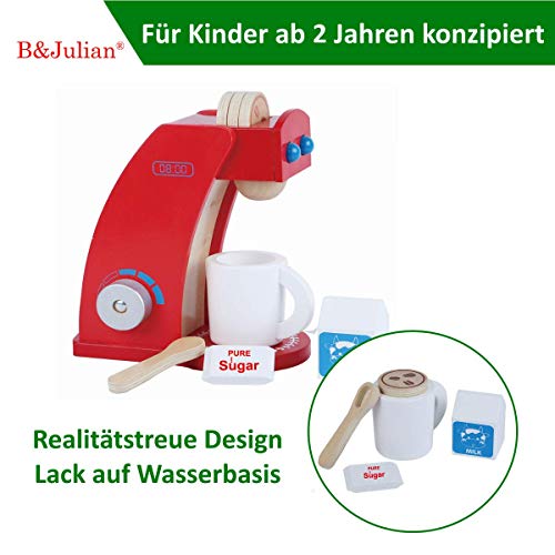 B&Julian Kaffeemaschine Spielzeug aus Holz mit 3 Kaffeepads Becher Milch Zucker Zubehör Kinderküche Set 8 TLG. für… – Bild 4
