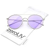 zeroUV - Modern Metal Round Aviator Sunglasses With Crossbar Slim Arms And Colored Flat Lens 54mm (Silver / Purple)