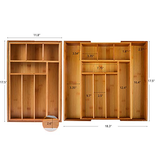 Premium Large 2.5 Inch Deep Pure Bamboo Expandable Utensil Cutlery Tray Flatware Drawer Organizer Adjustable Drawer Divider for All Occassions By Decor Trends,2 Year Warranty