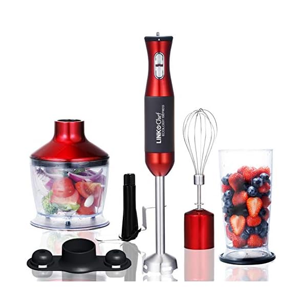 Hand Blender 3 in 1 LINKChef Hand Blender 500W, 500ml Food Processor, 800ml Beaker, Whisk, Robust Titanium Coating…