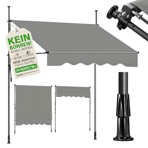 Sekey Klemmmarkise 200 cm breit, Markise Balkon ohne Bohren mit Handkurbel, 130 cm Ausfall, 0-90° neigbar, UV-beständiger Sonnenschutz & wasserdicht (