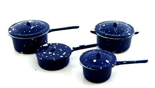 Town Square Miniatures Dolls House Kitchen Accessory Blue Saucepan Pan Set