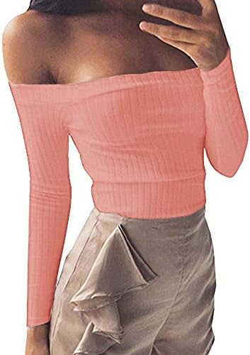 Gobought Womens Slim Off Shoulder Long Sleeve Rib-Knit Crop Pullover Tops