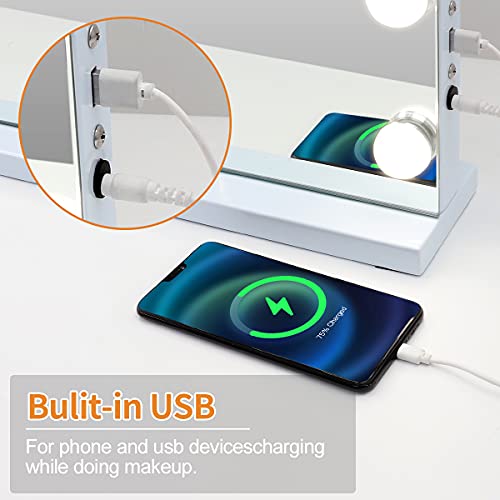 Kottova Vanity Mirror Makeup Mirror with Ligths- Hollywood Lighted Mirror with15 pcs LED ,3 Color Lighting Modes Tabletop or Wallmount Vanity Slim Mirror with USB Charging Port,White