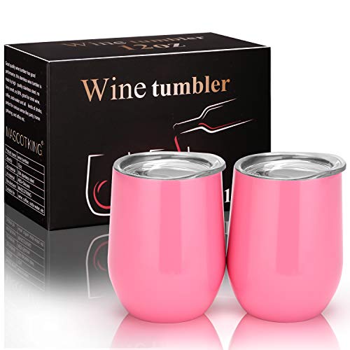 MASCOTKING Wine Glasses Tumbler - 12 oz 2 Pack - Double Wall Vacuum Insulated Cup with Lids for Keeping Wine, Coffee, Drinks - Beverage Warm in Winter - Christmas Present