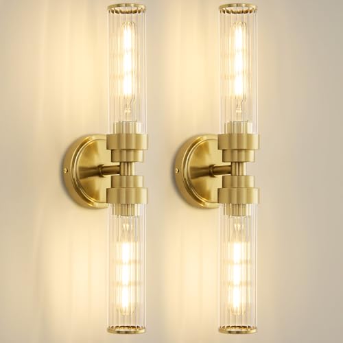 Vaziden - Lámpara de pared dorada para baño, 2 unidades, lámpara de cambiador de vidrio roscada, iluminación moderna para baño, sala de estar, pasillo, recámara