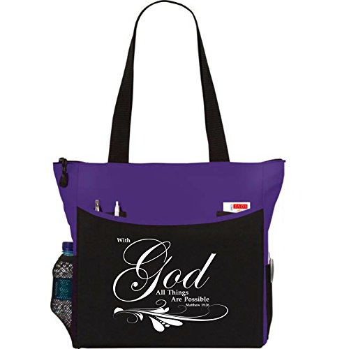 Matthew 19:26 With God All Things Are Possible Tote Bag Christian Bible Cover Verse Church Office School Travel Gym Book Organizer - Purple Black