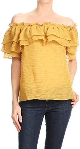 Color Era Boho Off the Shoulder Crinkle Loose Blouse Top (Large, Mustard)