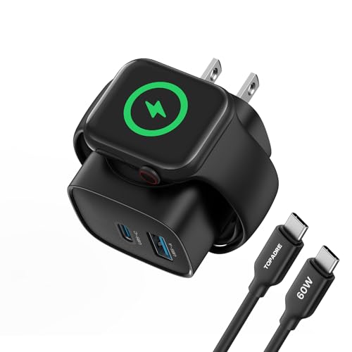 TOPADRE Charger for Apple Watch, USB C Charger Block, 3-in-1 20W Fast Charging, Portable Plug Travel Essential Charge for iWatch Ultra/SE/ 10/9/ 8/7/ 6, iPhone 16/16 Pro/ 15 Series, Black