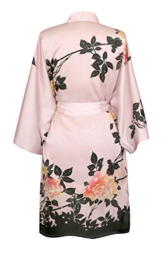 Old Shanghai Women's Kimono Robe Short - Watercolor Floral, Blush Rose- Pink