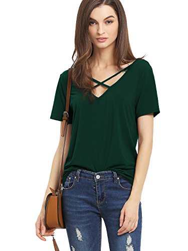 ROMWE Women's Casual Short Sleeve Solid V-Neck T-Shirt Tops Black-Green M