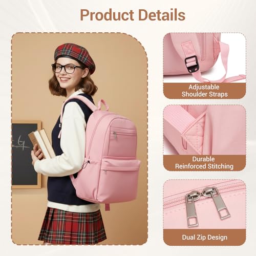 Kono Mochila Escolar Adolescente Mujer Hombre, Mochilas Instituto Ligera Impermeable 15.6 Pulgadas Portátil, Mochila Casual Viaje Trabajo Colegio Universidad (Rosa)