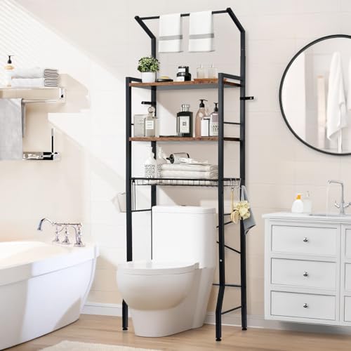 LOKOOY Estantería sobre el Inodoro, Organizador de Baño de 7 Niveles Ajustable, Mueble para Inodoro, Ahorro de Espacio con Ganchos (Negro rústico)