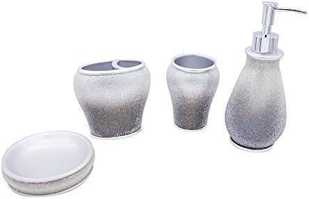 Bathpro 4-PIECE Jewelry Bathroom Accessories Completes with Lotion/Soap Dispenser,Bath Cup/Tumbler,Soap Dish,Toothbrush Holder Match for Marble or Glass Modern Bath Style(Silver)