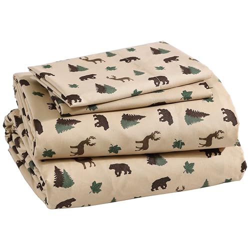 How Plumb Aubrie Home Accents Cozy Cabin 4-Piece King Microfiber Bedding Sheet Set with Deep Pockets Rustic Patchwork Plaid Deer, Brown Tan Green