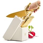 STYLED SETTINGS White and Gold Knife Set with Block – 14-PC Full Tang Titanium-Coated Stainless Steel Gold Knives and White Knife Block with Built-In Sharpener – Luxury Kitchen Accessories