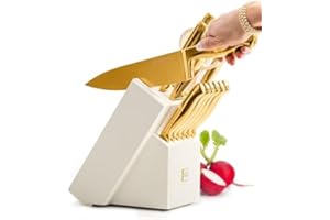 STYLED SETTINGS White and Gold Knife Set with Block – 14-PC Full Tang Titanium-Coated Stainless Steel Gold Knives and White K