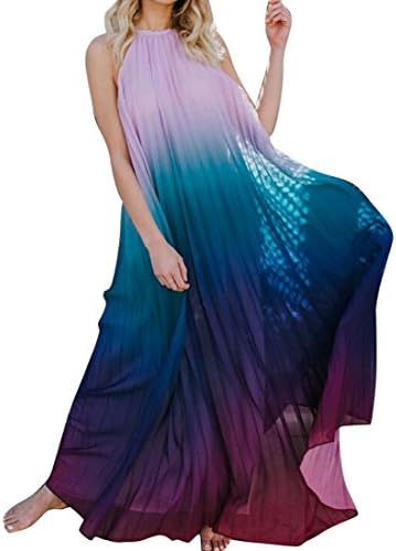 WAWAYA Womens Halter Backless Casual A-Line Gradient Color Bohemian Print Beach Party Maxi Dress Purple M