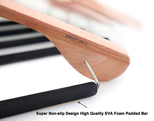 TOPIA HANGER American Red Cedar Suit Coat Jacket Wood Hangers, Luxury Wooden Hangers with No Painting, Wide Shoulder with Black Non-Slip Foam Padded Pant Bar- 360°Flexible Hook, 4 Pack- Natural- CT07N