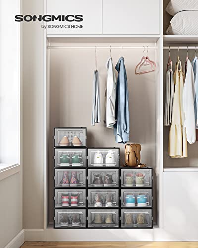 SONGMICS Cajas de Zapatos Plástico, Juego de 12 Organizadores de Almacenamiento, Caja Zapatero Plástico Plegable y Apilable para Zapatillas hasta talla 44, Transparente y Negro MLSP006B12