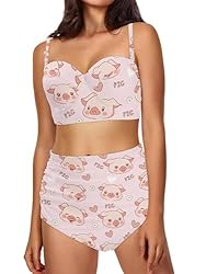 Howilath Women High Wasited Cute Pink Pig Bikini