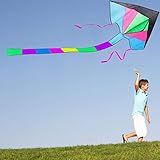 LIDERSTAR Huge Kite for Kids and Adults -Big Rainbow Kite 61 Inches Wide – Long Tail 95 inch,100 Meter String -Easy to Fly Toy for Outdoor Games Beach and Activities -Good Plan for Memorable Fun